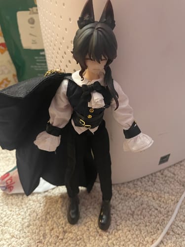 Customer's Lorenzo action figure in a detailed black and white outfit with a cape, standing indoors.