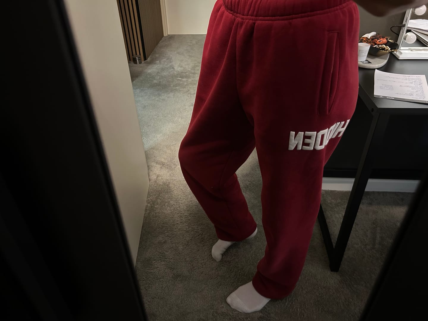 Customer photo review of GATED COMMUNITY STRAIGHT LEG SWEATPANTS BURGUNDY