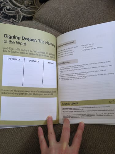 Customer's open Old Testament Study Journal showing the "Digging Deeper" and "Teacher's Corner" pages.