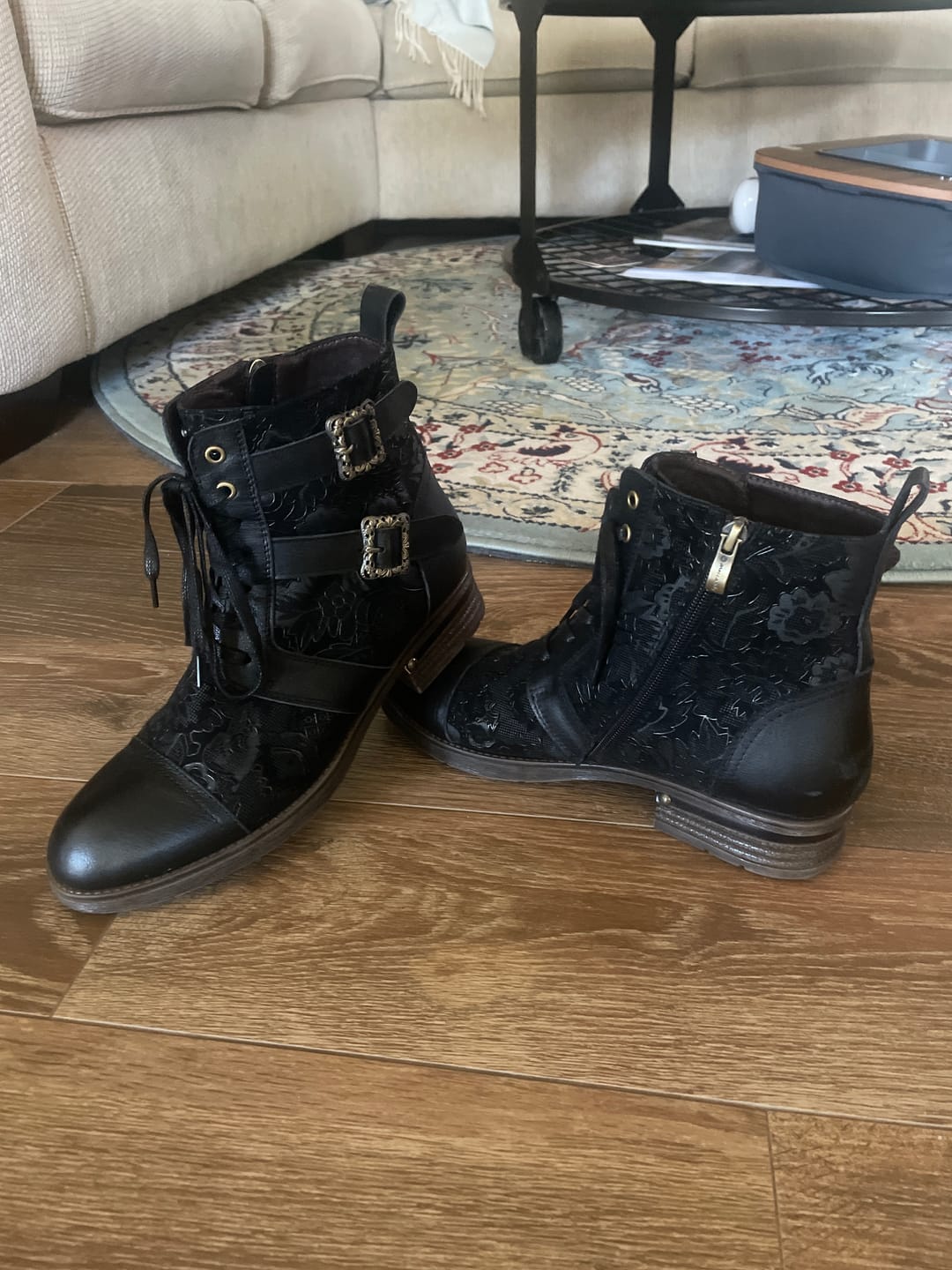 Customer photo review of Timeless Grace Floral Lace-Up Flat Ankle Boots
