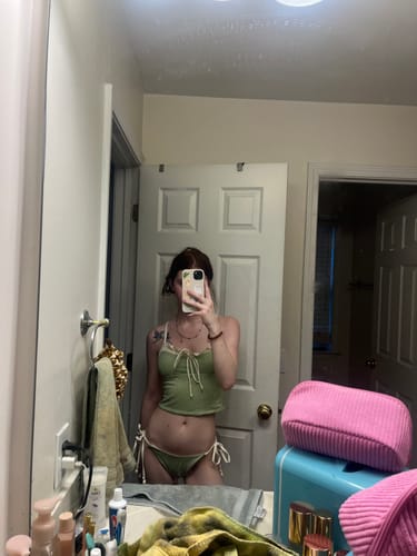 Customer photo review of Seamolly Vintage Gingham Spliced Ruched Ruffles Trim Top & Tie Side Brazilian Bottom Tankini Set