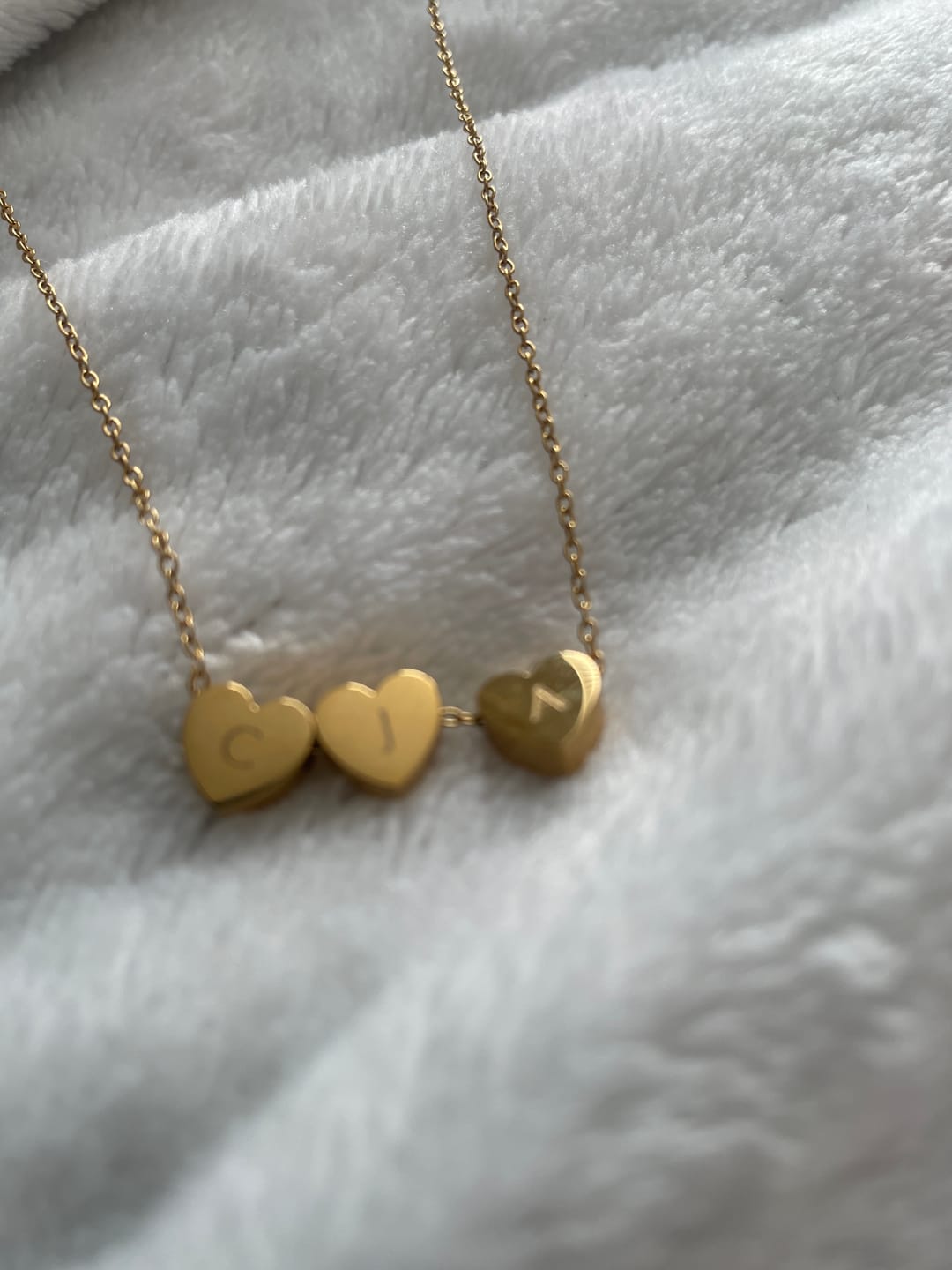Customer photo review of Amo Heart Triple Bead Necklace in Gold