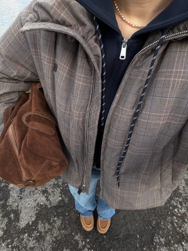 Customer photo review of LILY Plaid Stand Collar Down Puffer