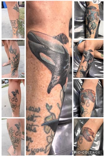 Customer's collage shows the process of covering old calf tattoos with a new, large orca tattoo.