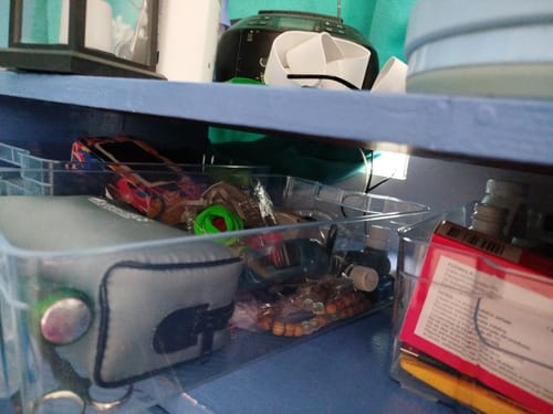 Cliente usando el Maxi Organizador transparente como caja de almacenamiento en un estante.