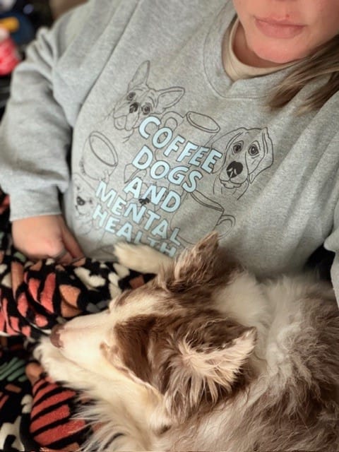 Customer photo review of Coffee Dogs and Mental Health Sketched Sweatshirt