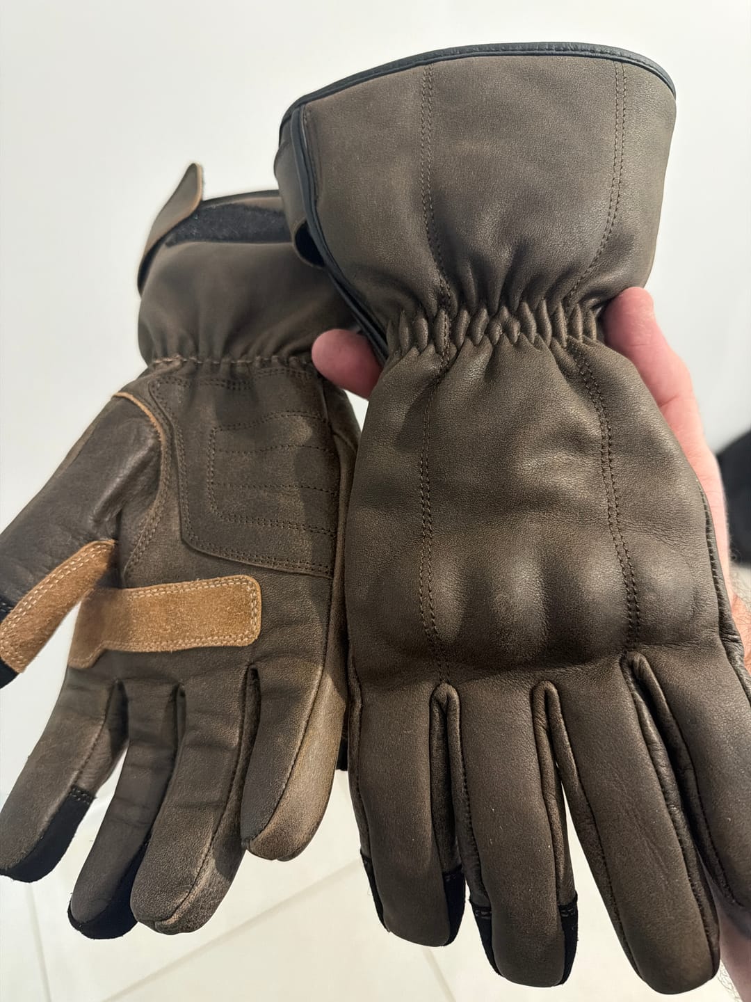 Customer photo review of GEN 2 'The Original' Double Length Gauntlet | Extra Long Warm Motorbike Gloves | Retro Brown Distressed Leather