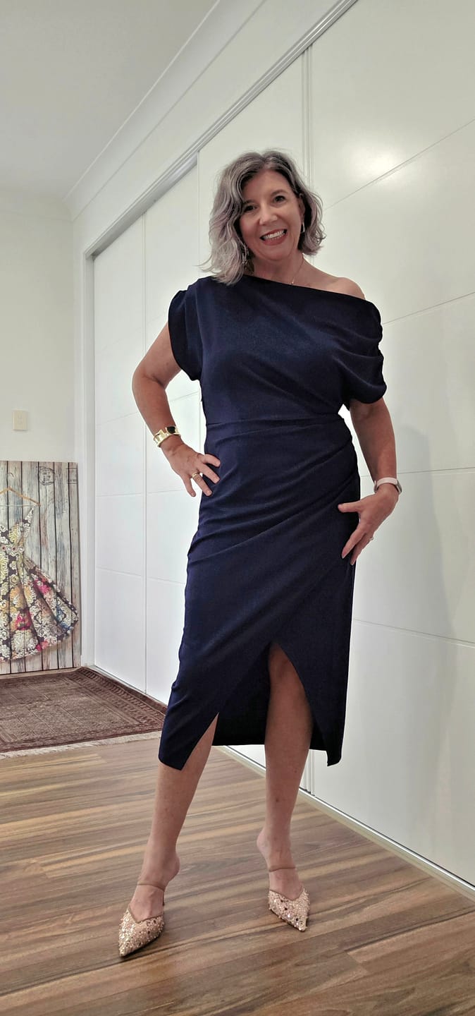 Customer photo review of Phoenix Off Shoulder Midi Dress In Navy