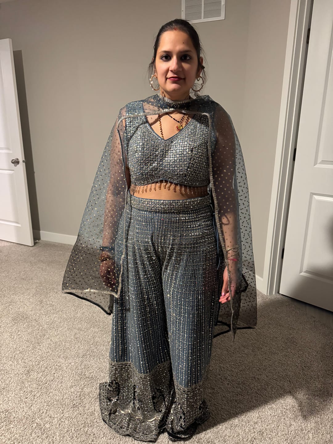 Customer photo review of Silver Sequin Crop Top Palazzo Set with Net Cape