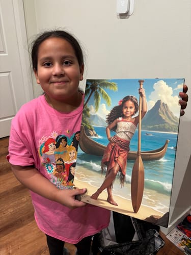 A happy child holding their personalized 'The Island Princess' canvas portrait in a home setting.