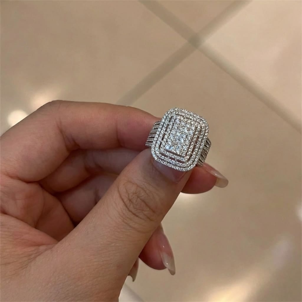 Customer photo review of Chunky Square Radiant Cluster • Bold 5ct Look Double Halo Multi-Row Iced Out Engagement Ring In Sterling Silver