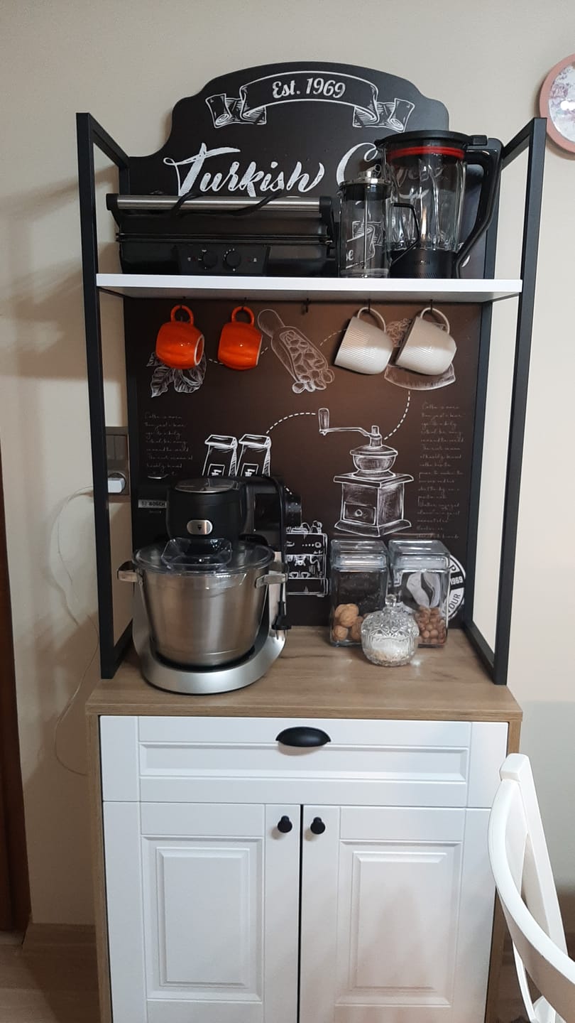 Customer photo review of Rani JE158 Işıklı Kahve Köşesi Membran Kapaklı Çekmeceli Çok Amaçlı Mutfak Dolabı Sepet Ceviz - Beyaz