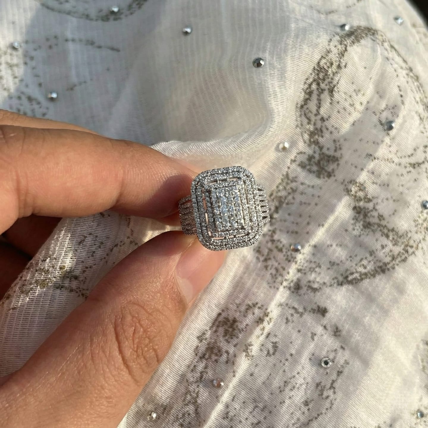 Customer photo review of Chunky Square Radiant Cluster • Bold 5ct Look Double Halo Multi-Row Iced Out Engagement Ring In Sterling Silver