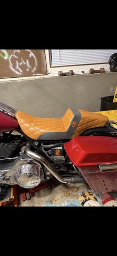 Customer's tan, lattice-stitch Saddlemen Step Up Seat installed on their motorcycle.