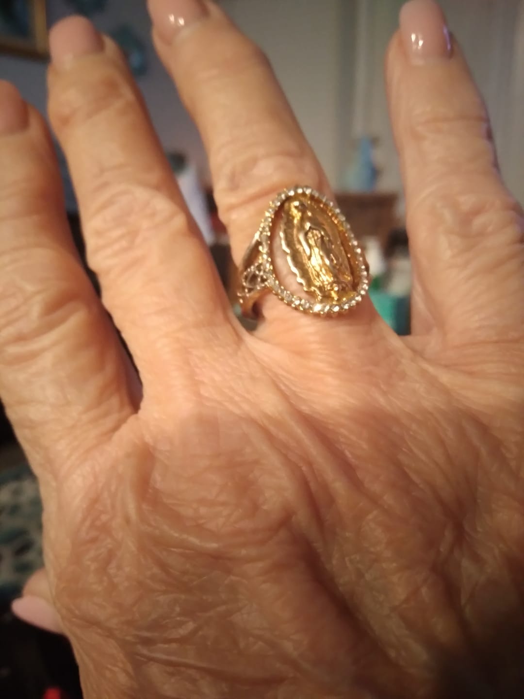 Customer photo review of Christianartworkshop Our Lady of Guadalupe Faith Crafted Divine Grace Golden Ring
