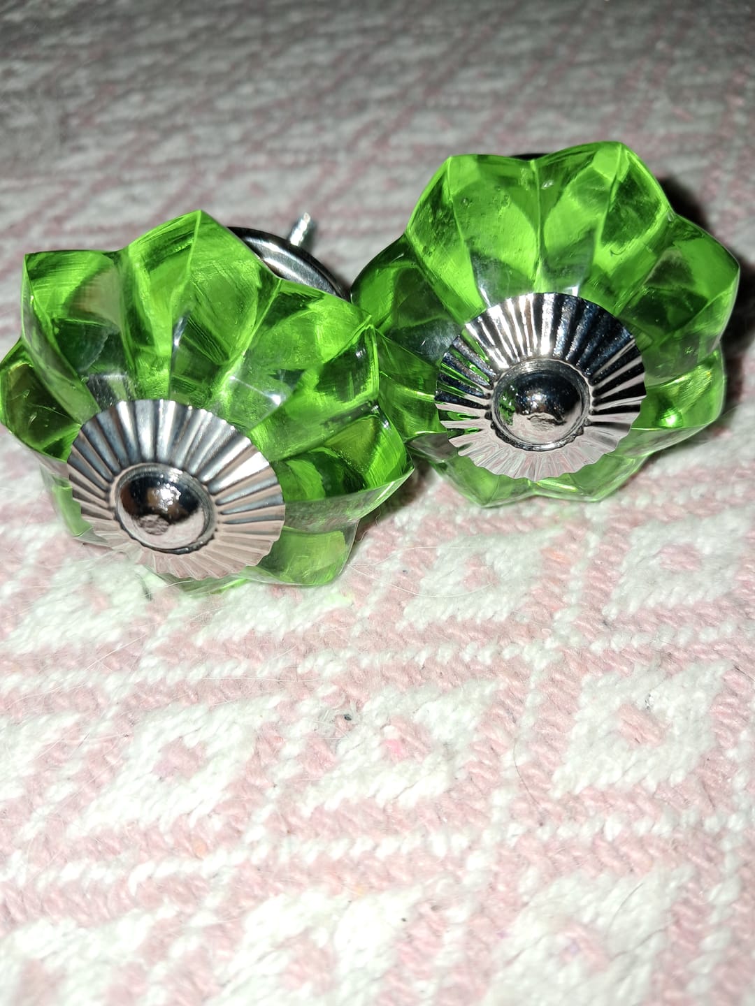Customer photo review of Glass Knob in Green with Silver Fittings