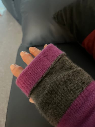 Customer photo review of Vivid Orchid Purple and Ash Grey Fingerless Gloves
