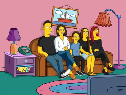 Customer's Turn Me Yellow digital portrait showing a cartoon-style family of five sitting on a couch.