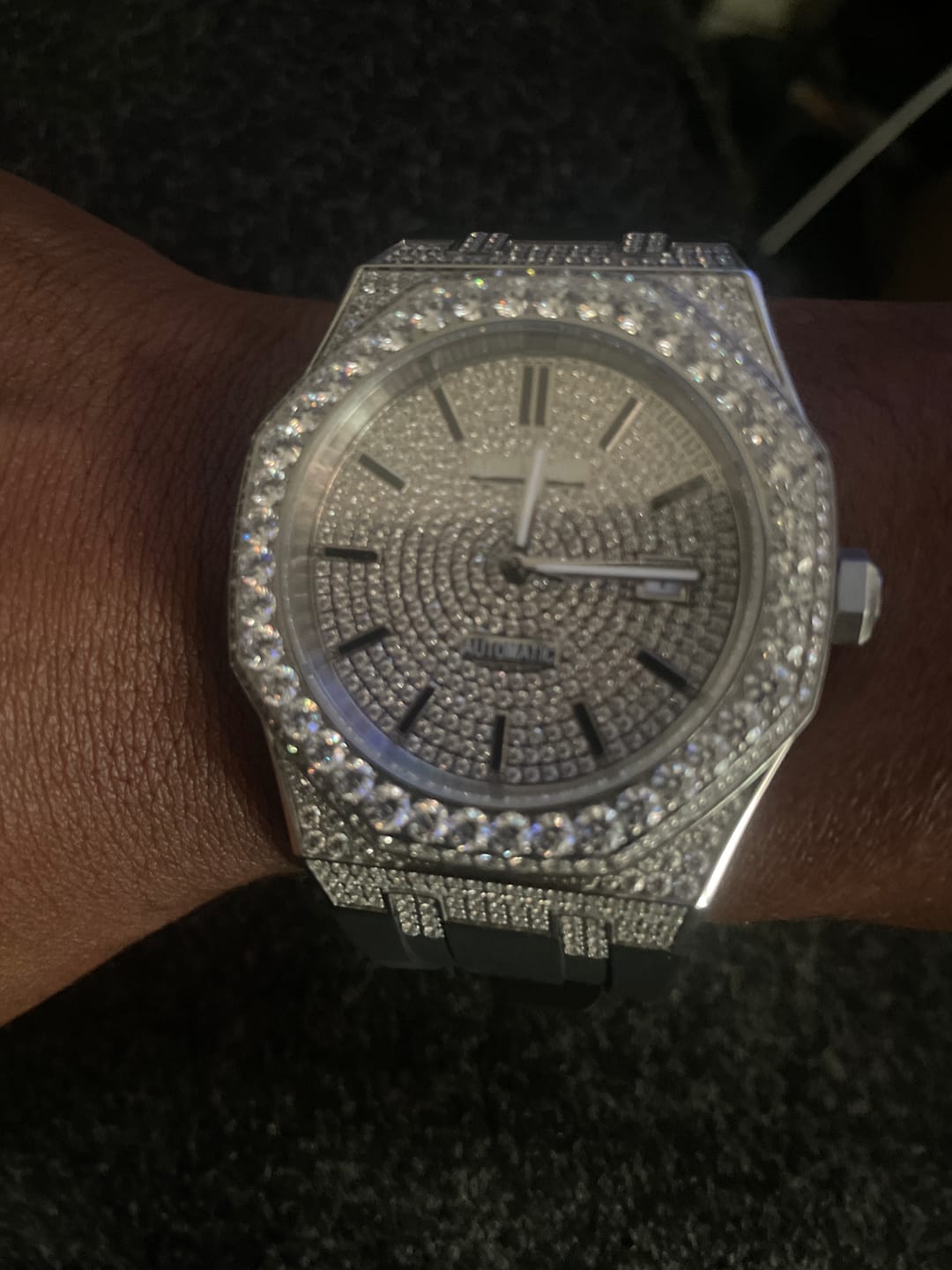 Customer photo review of 44mm Paved VVS Moissanite Diamond Silicone Band Watch - White Gold