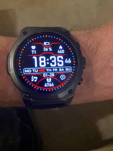 Customer's Gard Pro Ultra 3 watch on their wrist. The screen shows 36% battery life remaining.