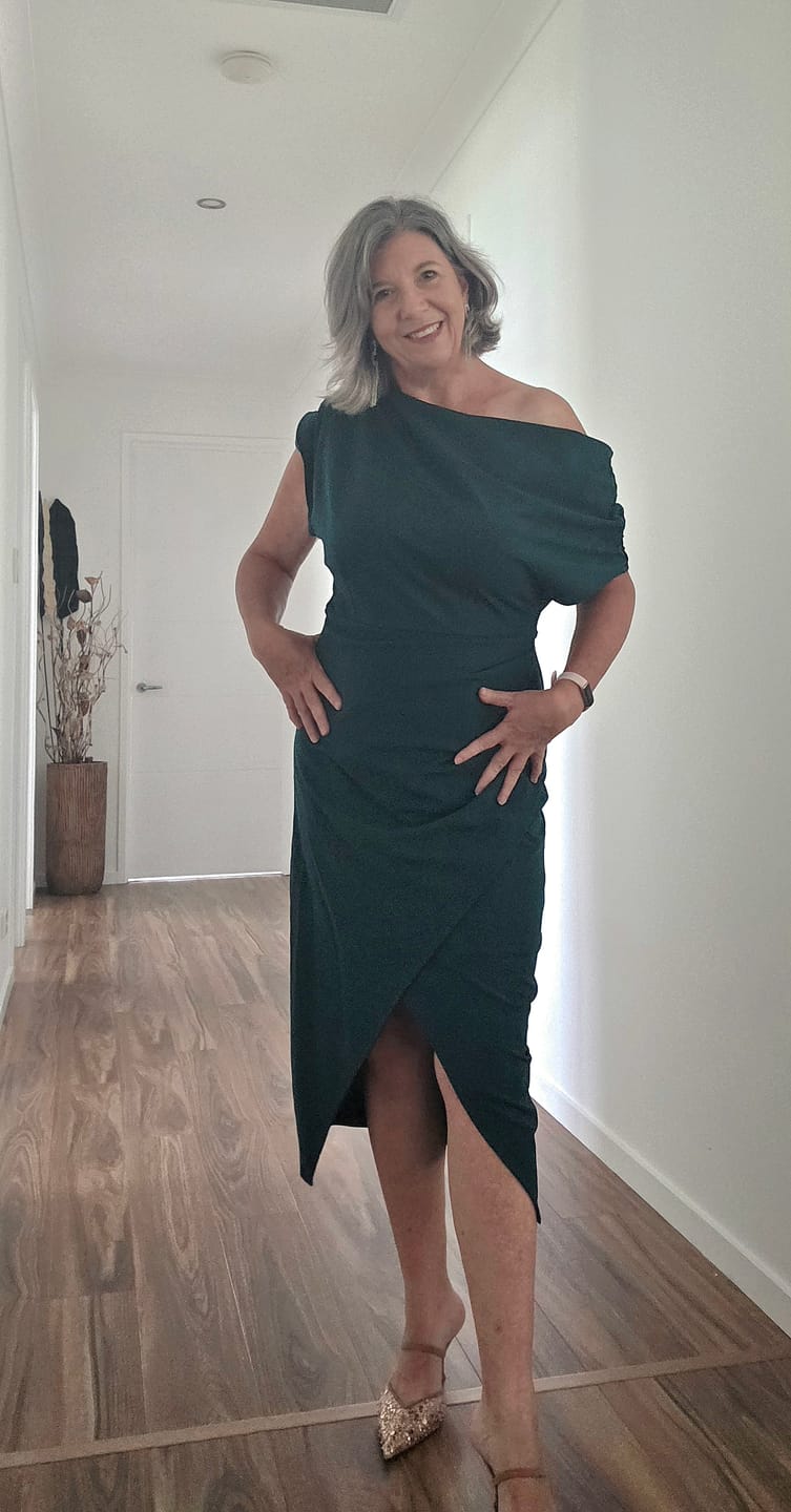 Customer photo review of Phoenix Off Shoulder Midi Dress In Emerald