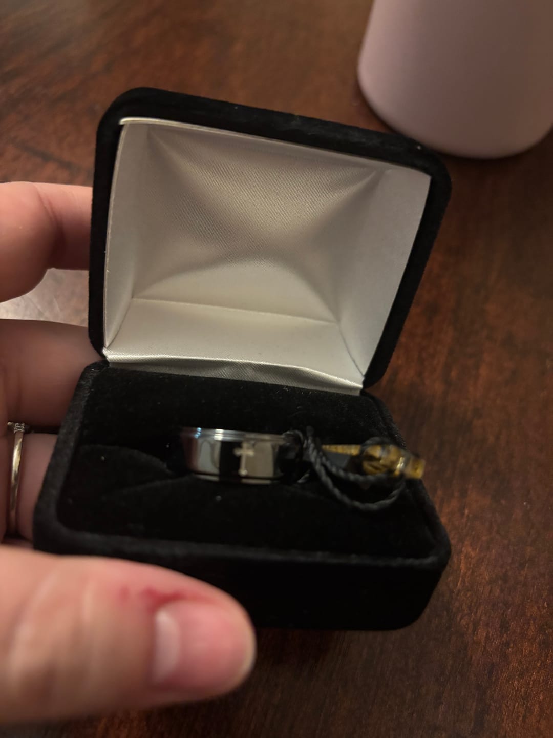Customer photo review of Mens Cross Wedding Band - Zirconium 8mm