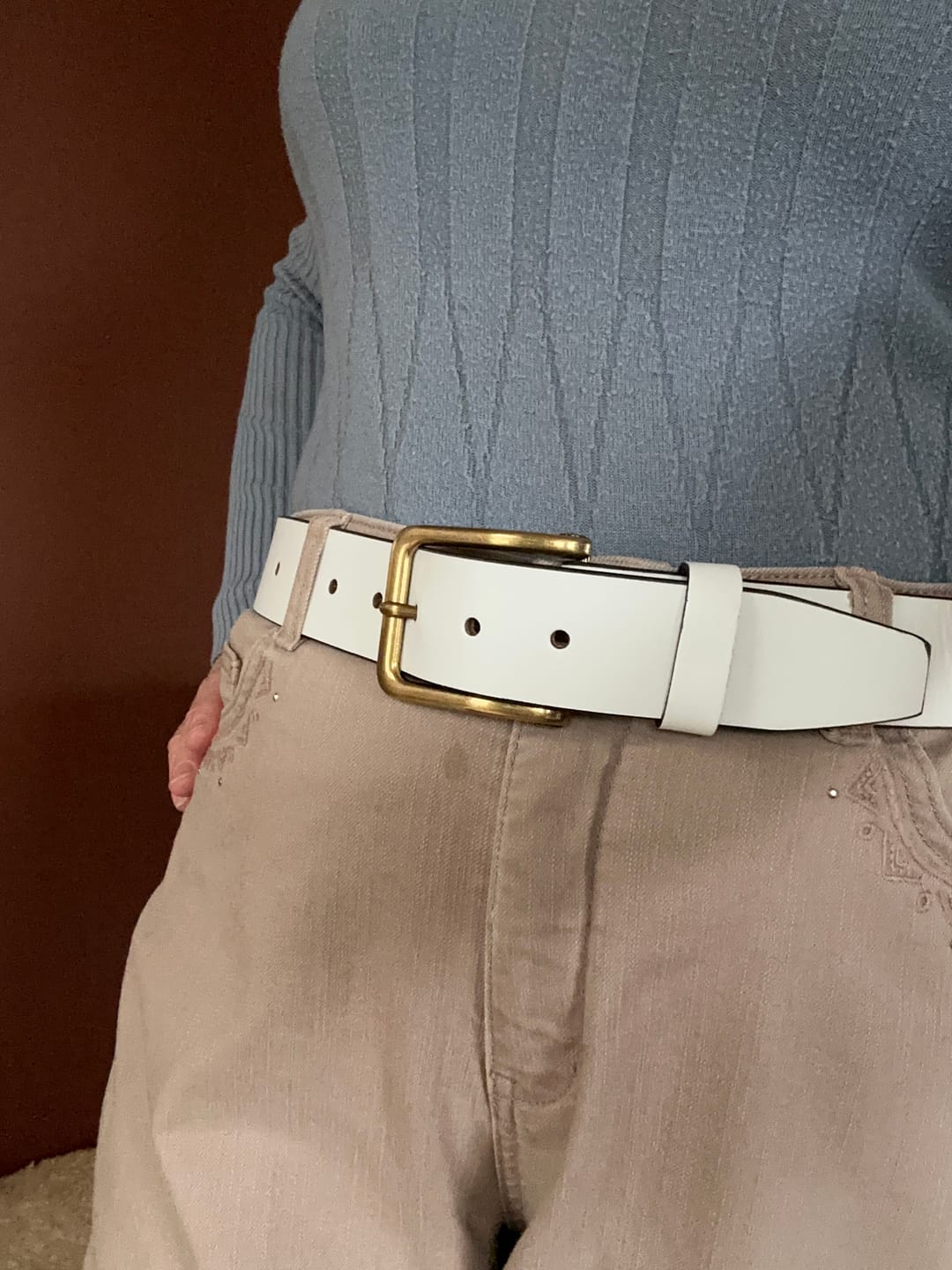 Customer photo review of Bianca - White Leather Dress Belt with Gold Buckle - Made in Canada