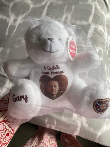 Customer photo review of A Cuddle from Heaven Personalised Photo Teddy Bear
