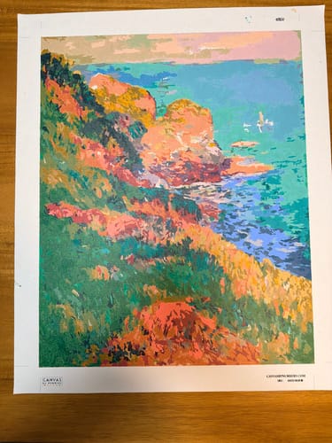 Reviewer's completed Groix, Port-Mélite paint by numbers, showing the colorful impressionistic coastal scene.