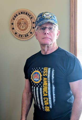 Customer photo review of Patriotic USS America (CVA-66) American Flag T-Shirt