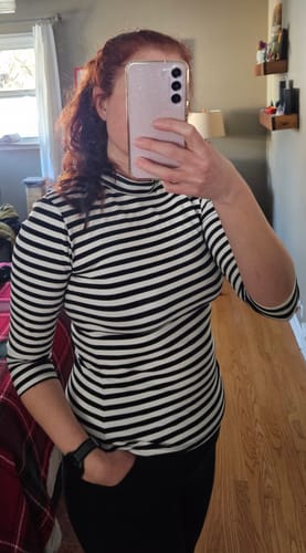 Customer photo review of NEW FIT - Bad Girl 3/4 Sleeve Top in Black and White Stripes - Vixen by Micheline Pitt