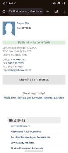 Reviewer's screenshot of a lawyer's profile on the Florida Bar website, unrelated to the product.