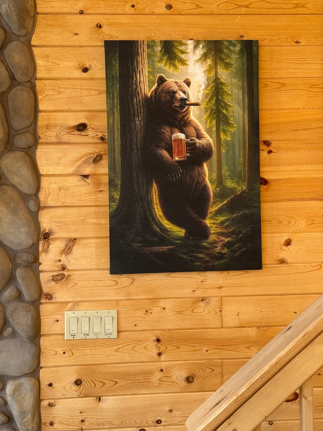 Customer photo review of Rustic Bear in Forest Canvas Wall Art, Woodland Animal Decor, Nature Landscape Home Decoration