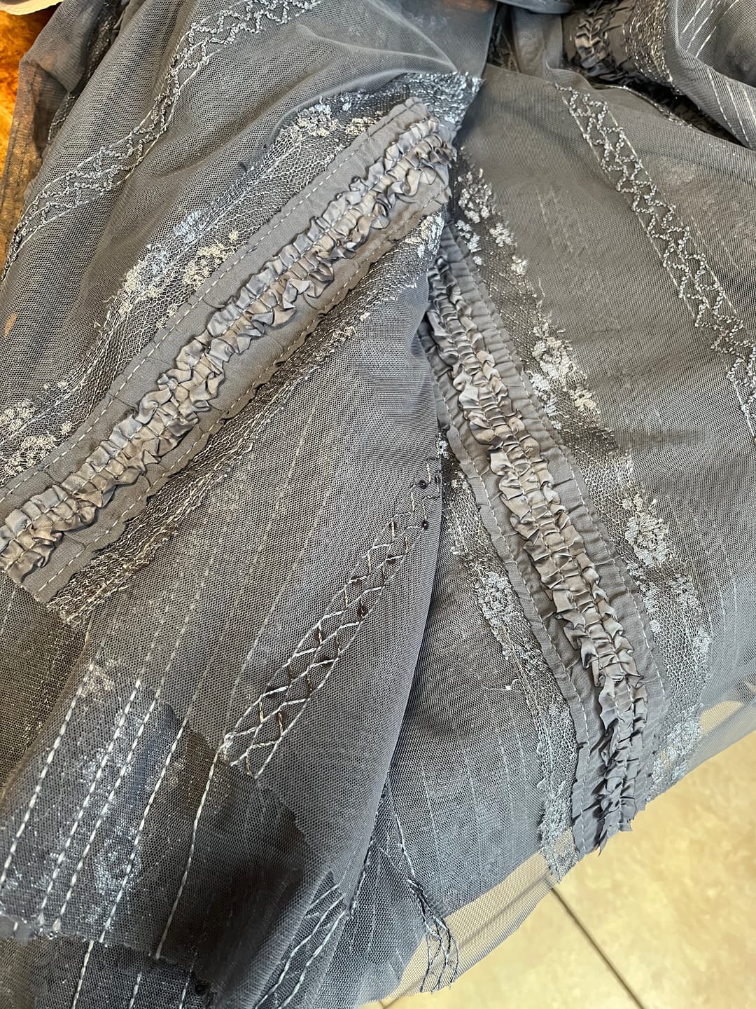 Customer photo review of Slate Blue Sequin Ruffle Detail Mesh Fabric Stretch