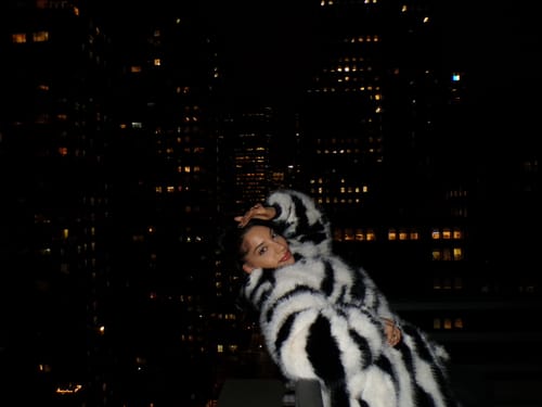 Reviewer posing in the plush Faux Fur Zebra Coat on a city balcony at night.