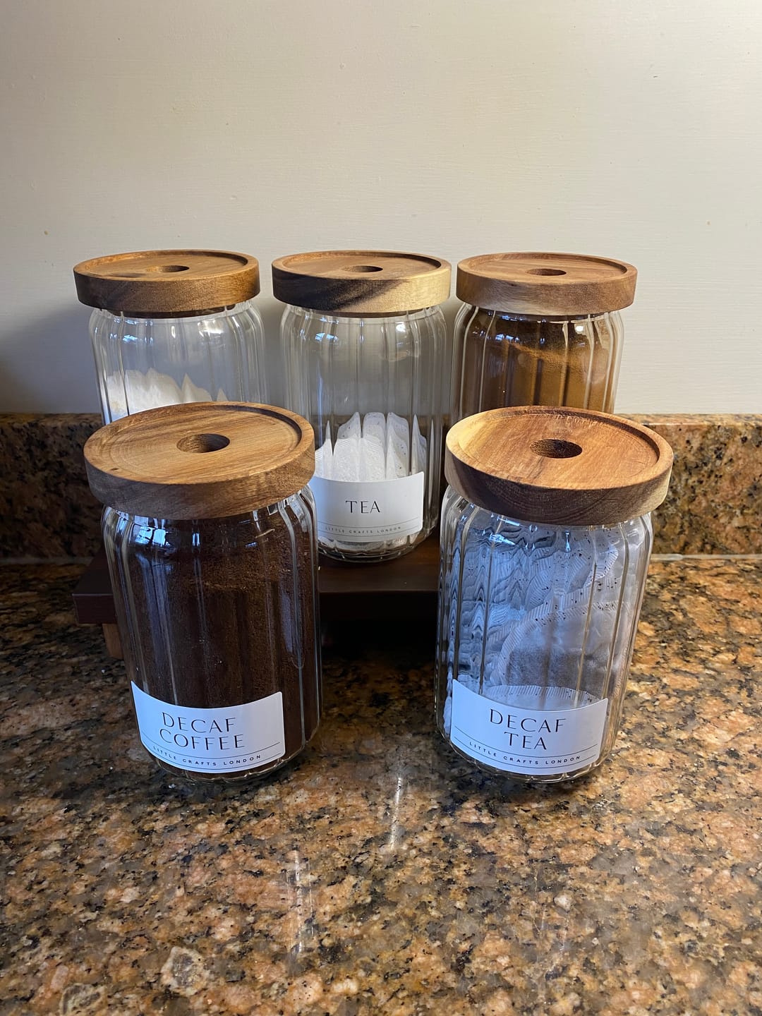 Customer photo review of Ribbed Set of 3 Acacia Glass Jars Tea, Coffee and Sugar 750 ML & Rectangle Tray