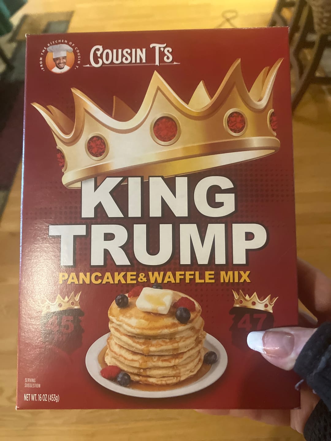 Customer photo review of Cousin T's Gourmet King Trump Pancake & Waffle Mix