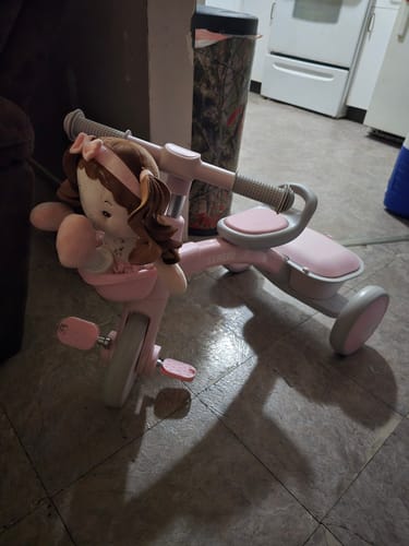 Customer's Personalized Princess Breeze doll sitting in the basket of a small pink tricycle indoors.