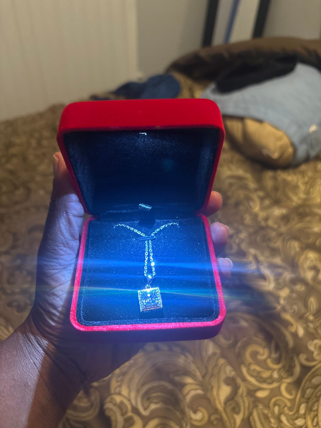Customer photo review of Rebecca 18k White Gold Plated Silver Necklace with Princess Cut Simulated Diamond Crystals — Final Sale