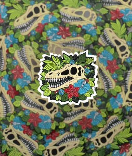 Customer's custom sticker design of a dinosaur skull surrounded by red and blue tropical flowers.
