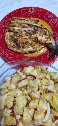 Un client prezintă un pește gătit cu friteuza Air Fryer Novio StonePro, alături de o salată.