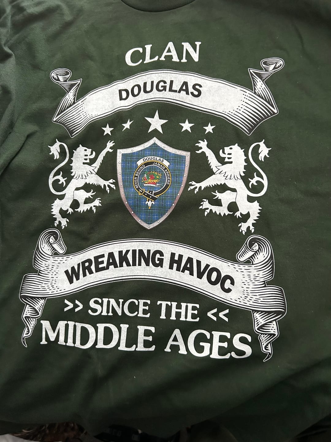 Customer photo review of Scottish Douglas Clan Crest Tartan T-Shirt Wreaking Havoc Design