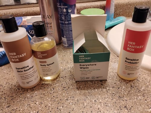 Customer's complete Sensitive Skin System products arranged on a bathroom countertop.