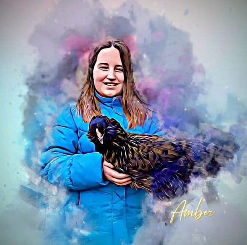 Reviewer's watercolor portrait of a person in a blue jacket holding a hen.