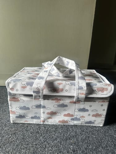 Customer photo review of Diaper Caddy with Lid- Dreamy Clouds Warm Neutral tones (Available in 2 colors)