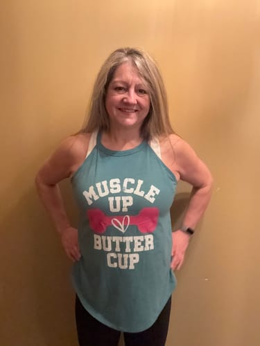 Customer photo review of Muscle Up Buttercup Rocker Tank
