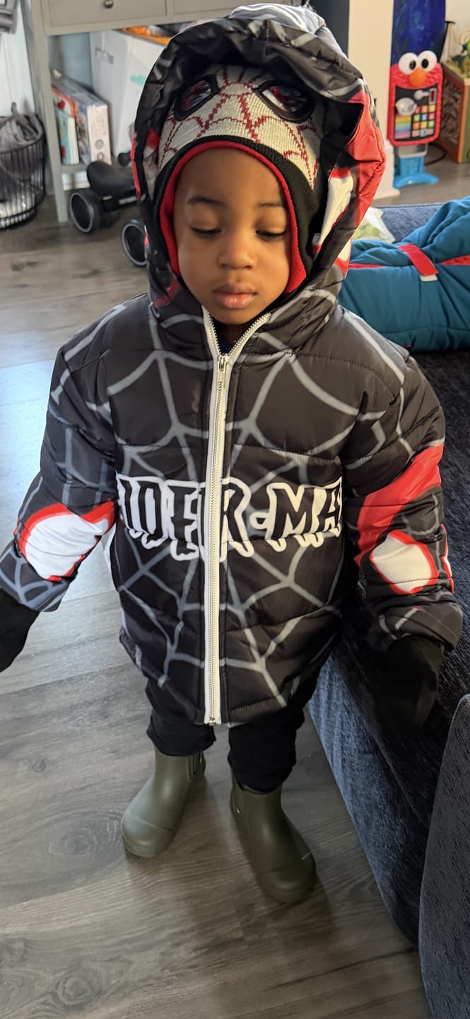 Customer photo review of Kids Miles white Web Puffer