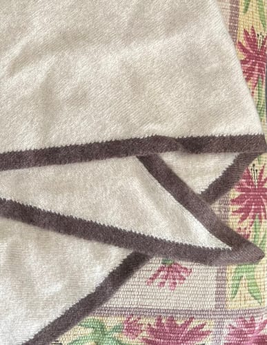 Customer photo review of Brand New Sand Beige and Mocha Recycled Cashmere Triangle Scarf