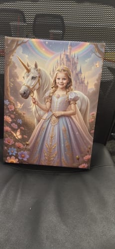 Customer's 'Princess of the Magic Woods' portrait on canvas, showing a girl with a unicorn and castle.