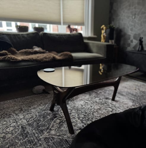 Recensent toont de donkere Flash salontafel met glazen blad in een sfeervolle woonkamer.